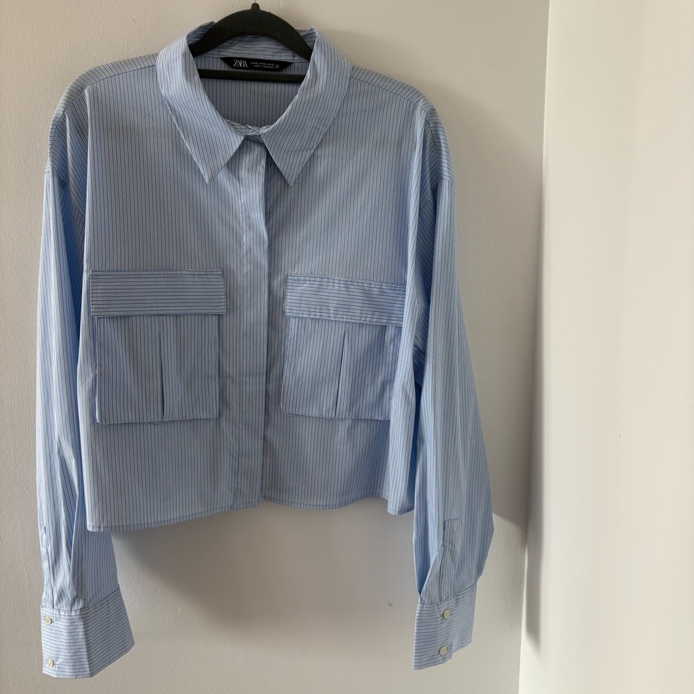 Zara Cropped Button Shirt Top Long Sleeves Front Pockets Cotton Blend Size XL